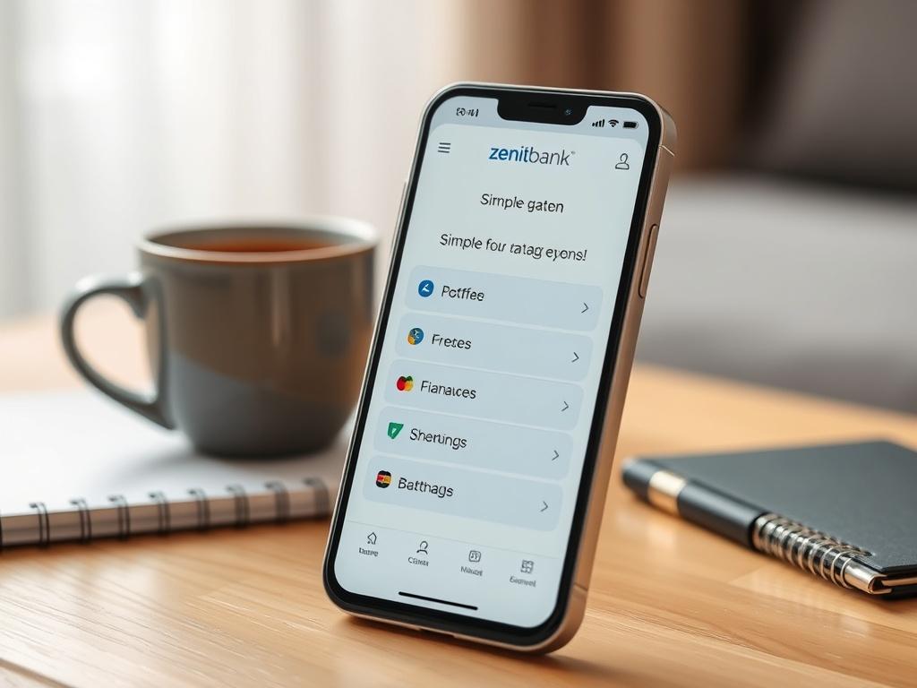 A close-up view of a smartphone displaying the Zenitbank mobile app interface. The background is a cozy home setting with a coffee cup and notebook, emphasizing a relaxed yet productive atmosphere. The app screen shows simple navigation and clear options for managing finances.